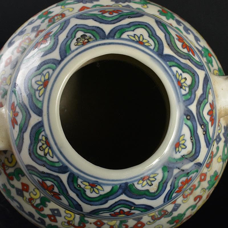 中国　大清乾隆年製　豆彩　花弁文　双耳瓶　V　R7038