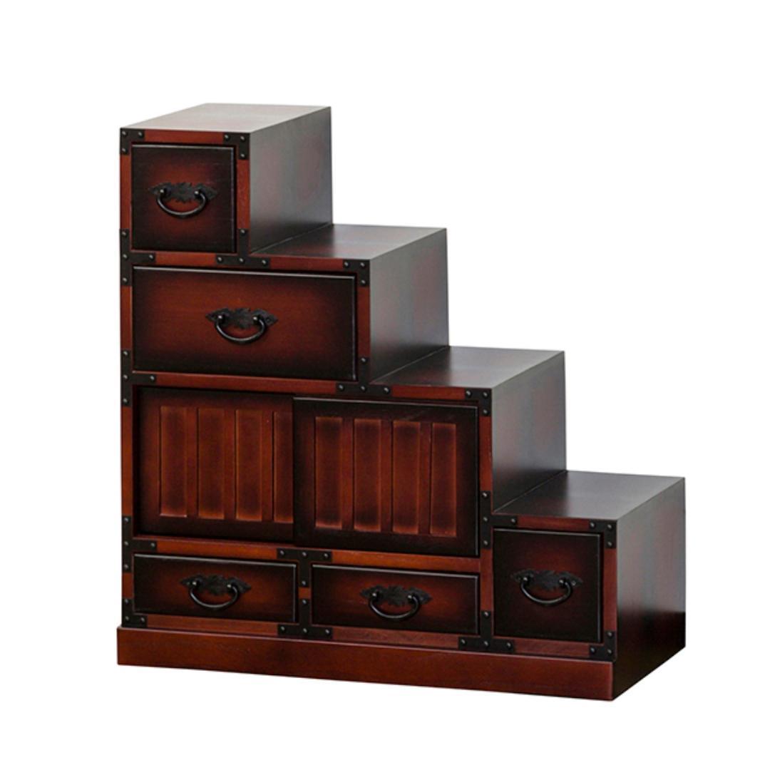 【送料無料】民芸調 階段箪笥 右下がり 民芸家具 レトロ調 タンス 飾り棚 木製