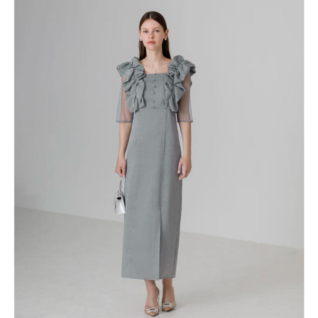 【LEJA】フリルショルダーストーンIラインドレスワンピース