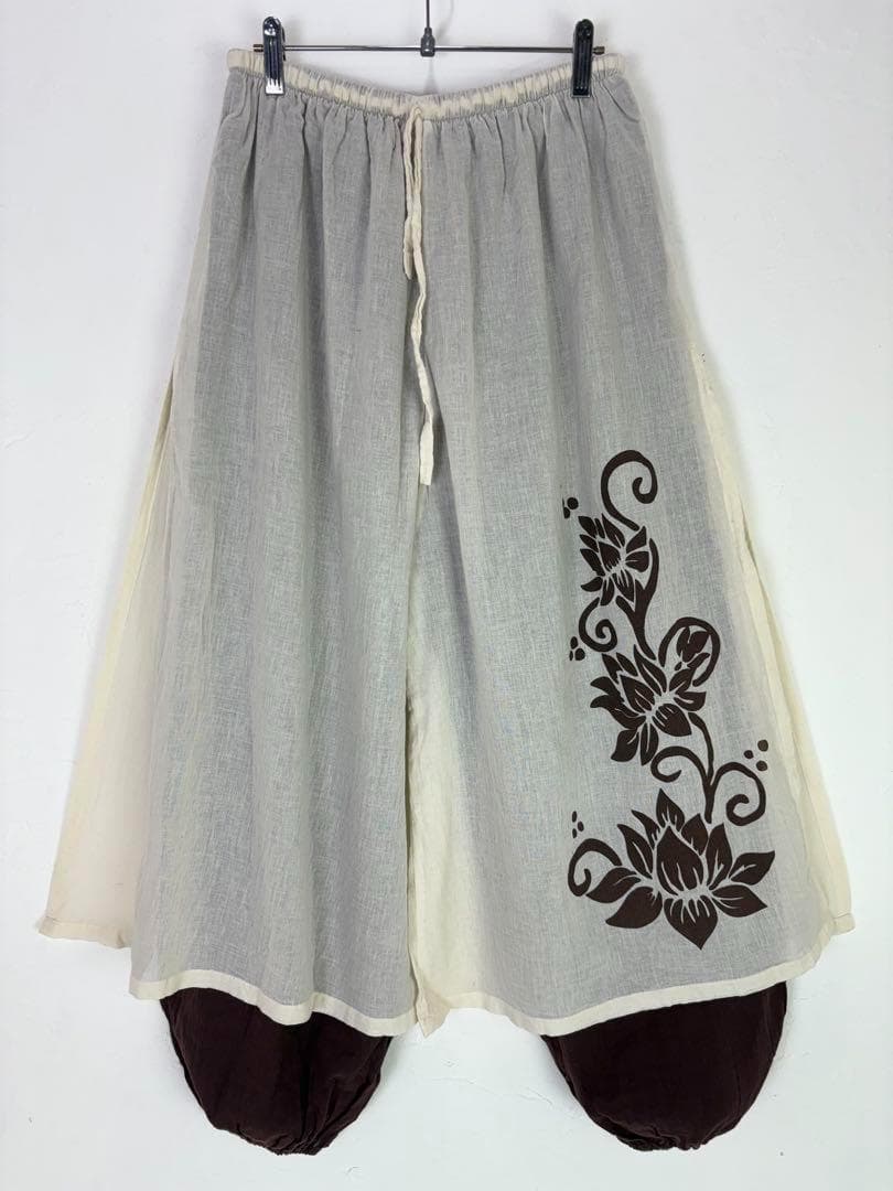 【新品】タイパンツ　二枚重ね　ハス柄　シアーコットン　男女兼用　ブラウン