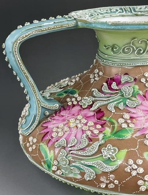 【希少】オールドニッポン 花絵地 一陳盛上げ アールヌーボー様式 花瓶 盛り上げ