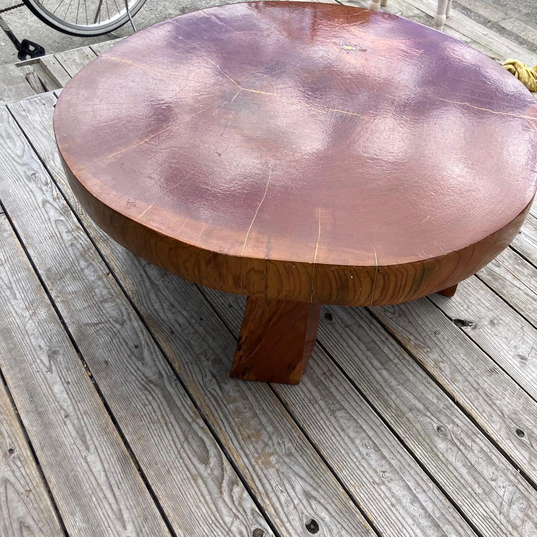 昭和レトロ 木製 天然木 欅材 一枚板 脚付き 円形座卓 センターテーブル