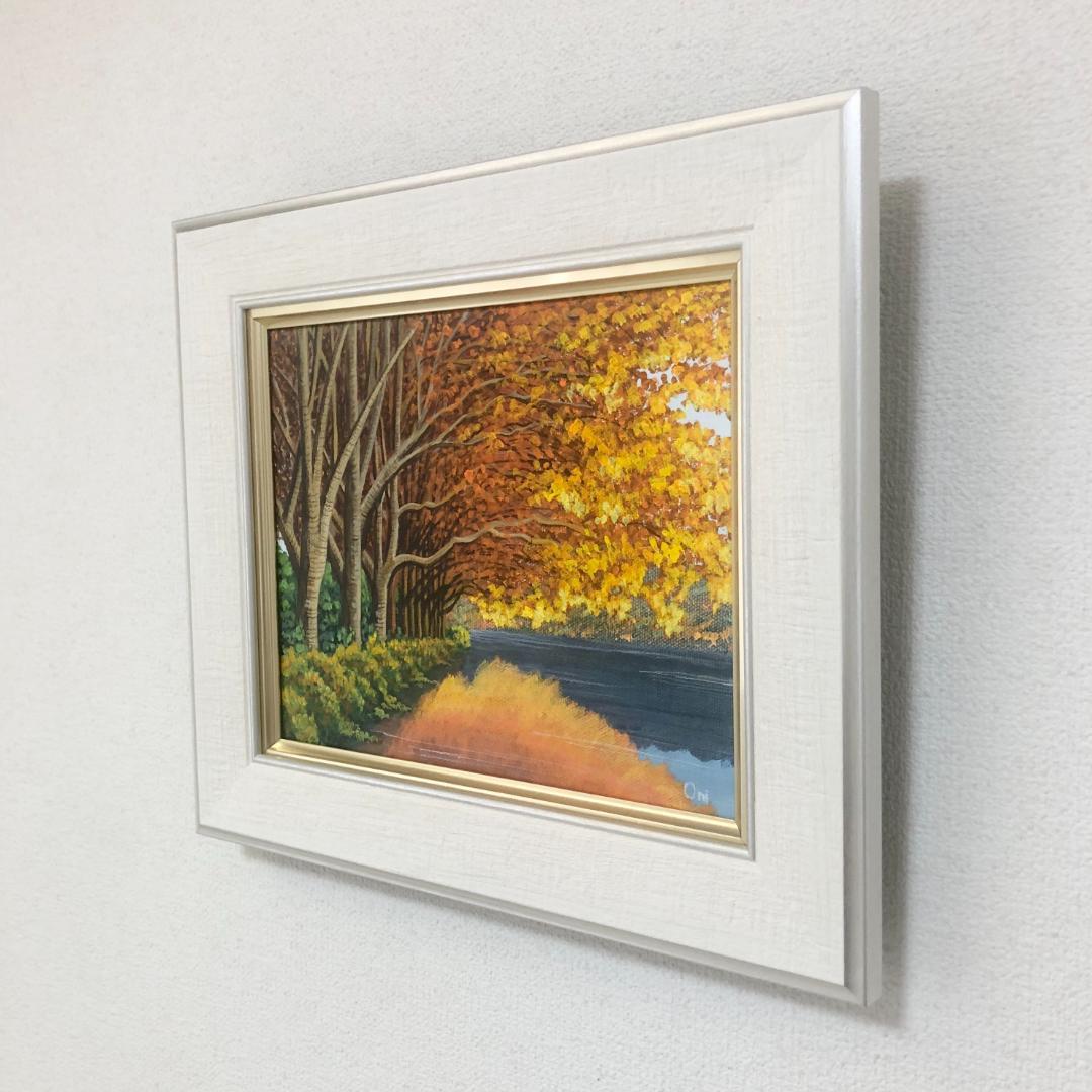 アクリル画　原画　「秋の湖畔」額縁付　F3サイズ　キャンバス　風景画