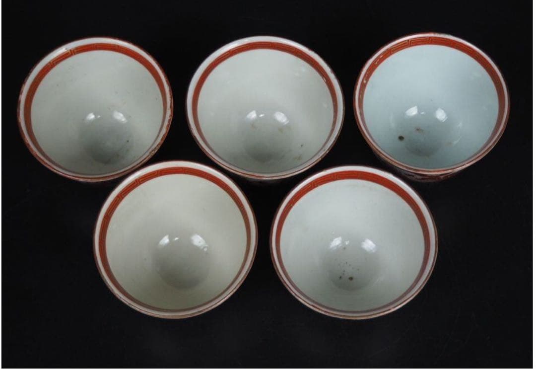 送料無料　明治中期九谷焼　金襴手細密画煎茶碗５客　煎茶道具