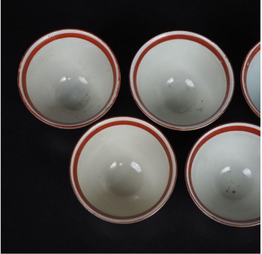 送料無料　明治中期九谷焼　金襴手細密画煎茶碗５客　煎茶道具