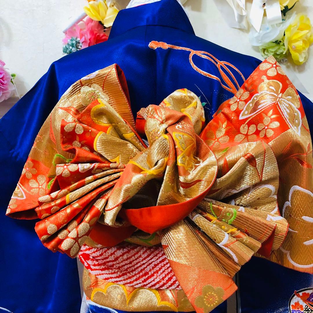 七五三7歳❣️人気Blue暈し古典柄❣️扇熨斗花々金彩煌びやか際立つ完全フルセット❣️