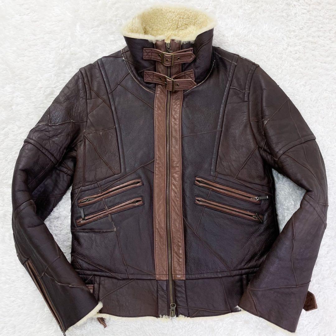 トルネードマート ラムレザー パッチワーク 切替 ライダースジャケット M 茶色