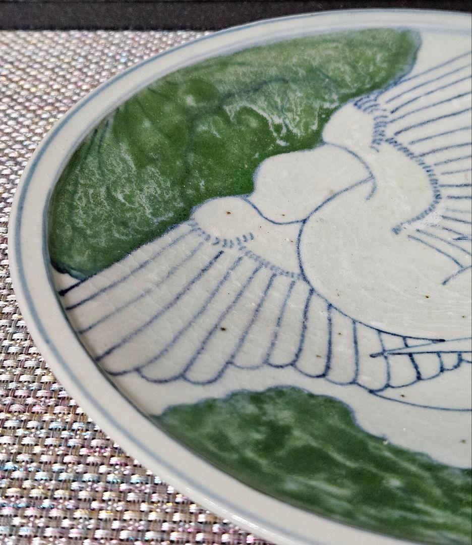 【名品❗】李氏朝鮮時代　朝鮮古美術　朝鮮古陶磁　青華緑釉　水鳥図　22.1cm皿