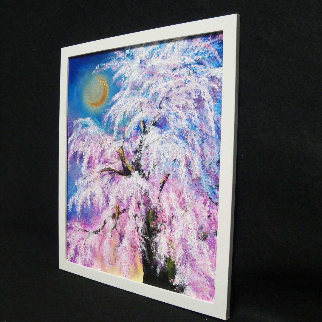 油絵 絵画 【夜桜の三日月】