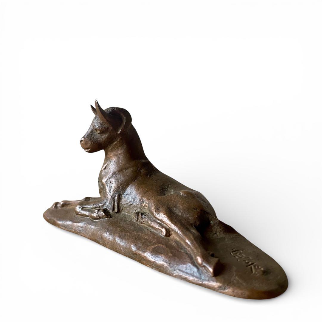【希少】宮地寅彦 銅 ブロンズ 山羊 文鎮 書道具 共箱 在銘 置物 オブジェ