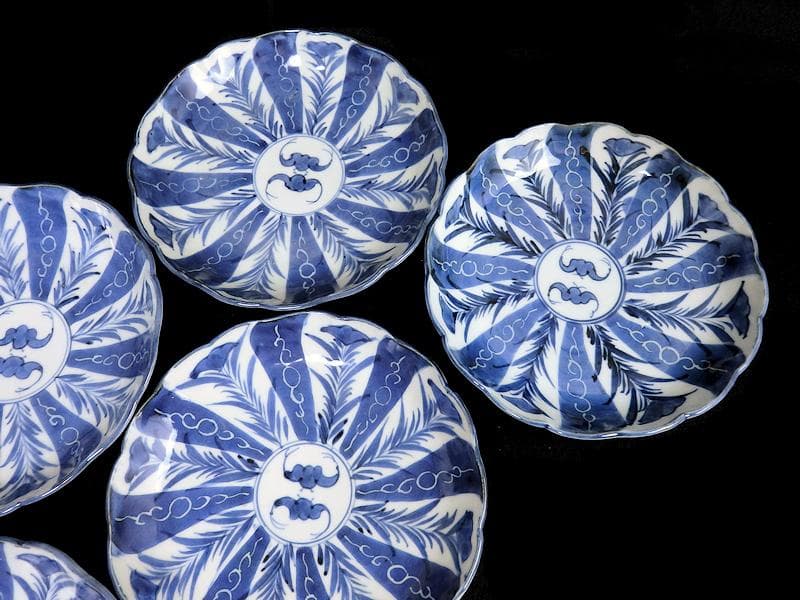 古伊万里　染付　墨弾き　撫子に蝙蝠の図 ５寸半皿　５客　252AS-CAx