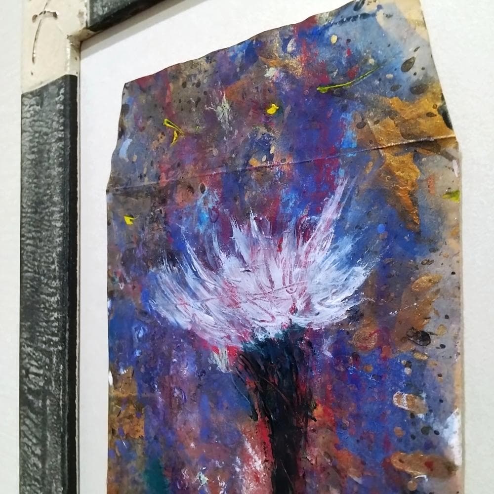 内野隆文　花　古い封筒にアクリル絵具　絵画　現代アート　額縁　アンティーク　真作