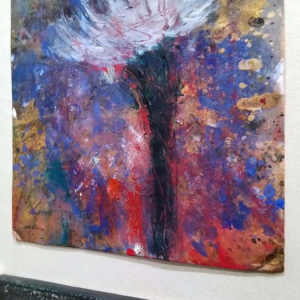 内野隆文　花　古い封筒にアクリル絵具　絵画　現代アート　額縁　アンティーク　真作