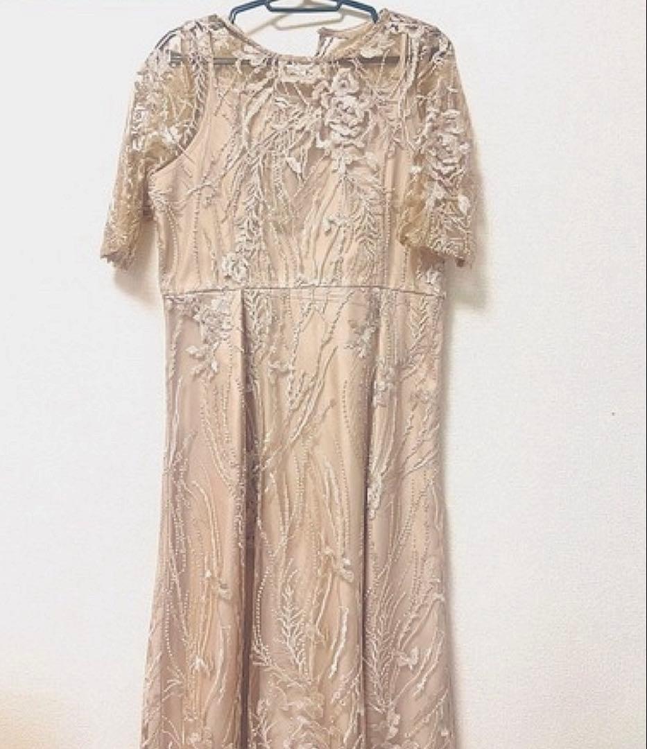 ベージュ レース パーティードレス 半袖 膝丈