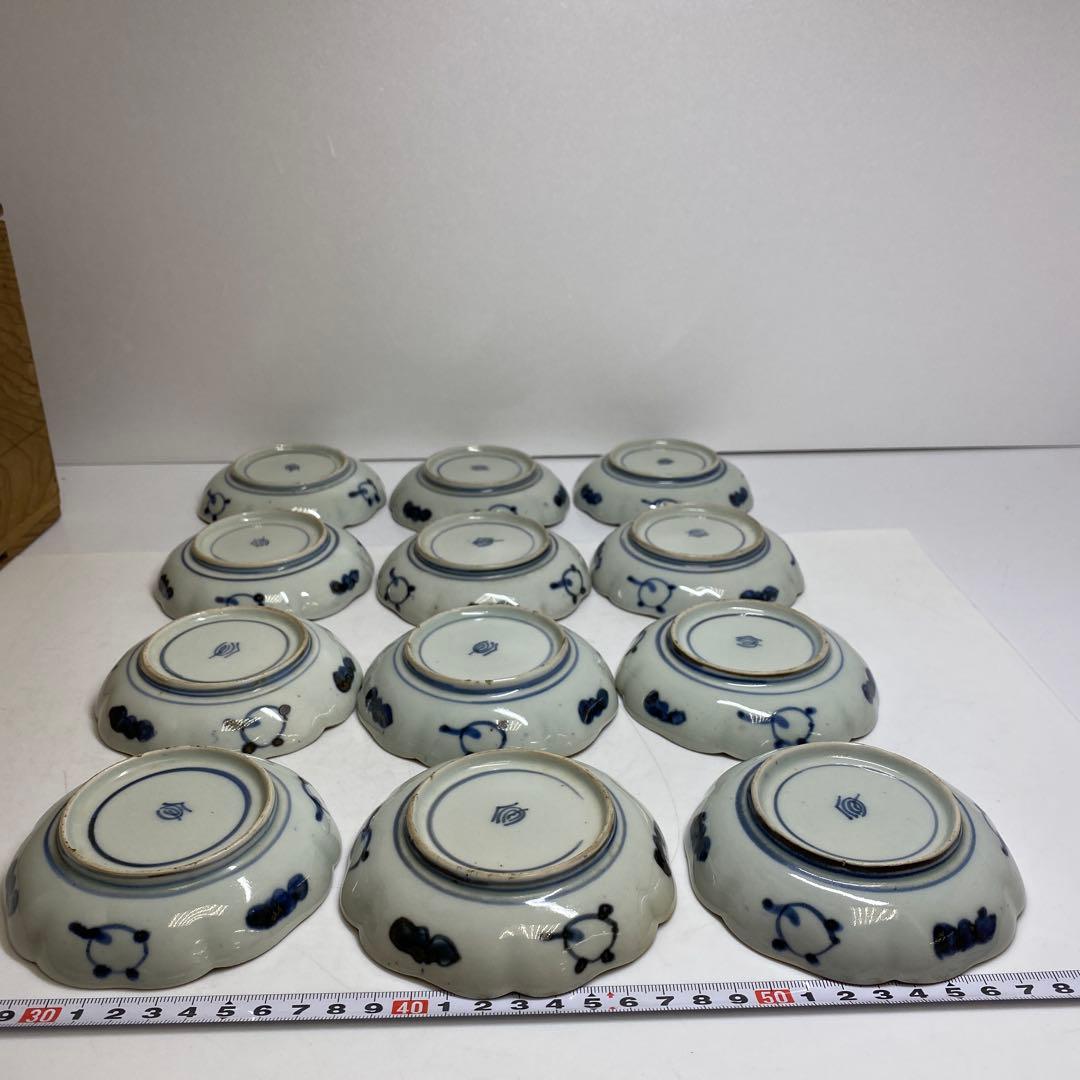 染付　花文皿　直径10.6㎝　12枚　木箱付　タカサ　東さ7-0928③