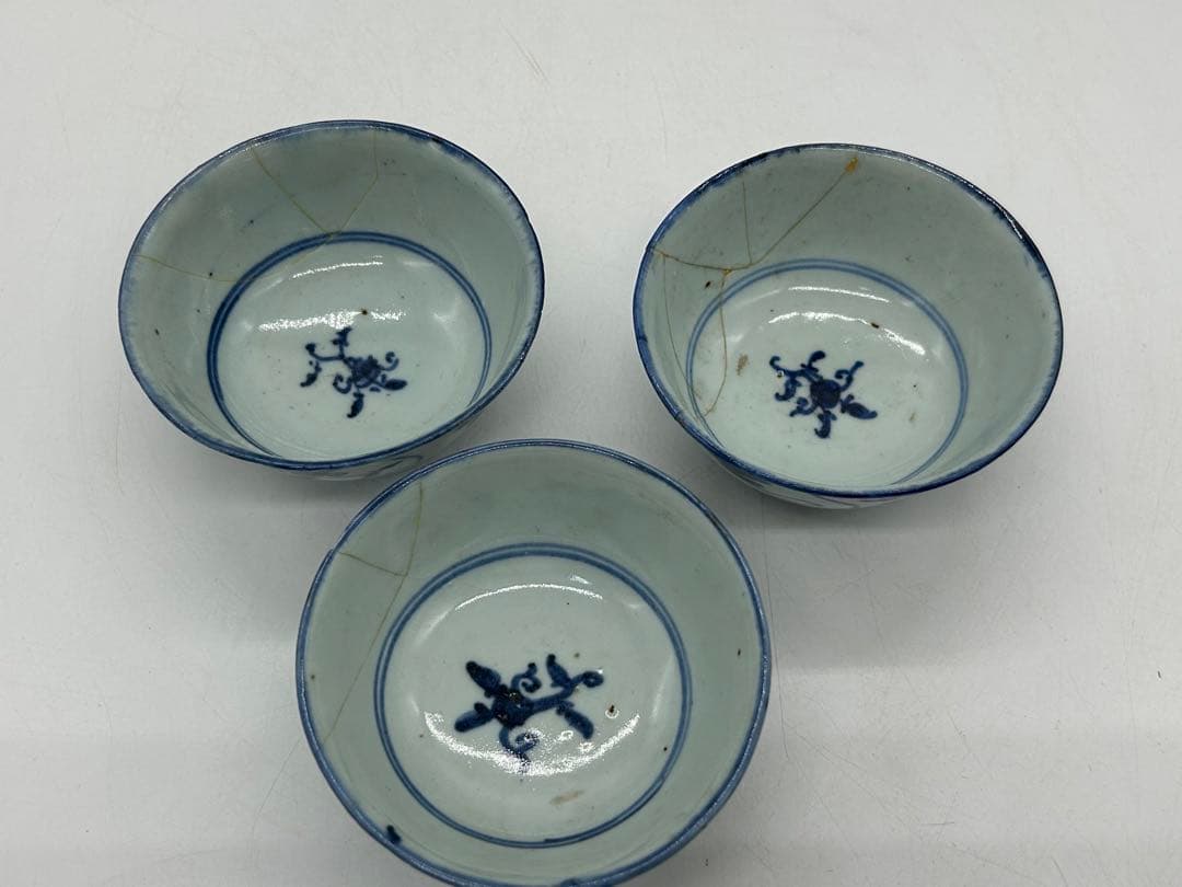 中国　清時代　染付湯呑み3点　茶器　訳あり　送料込み0515