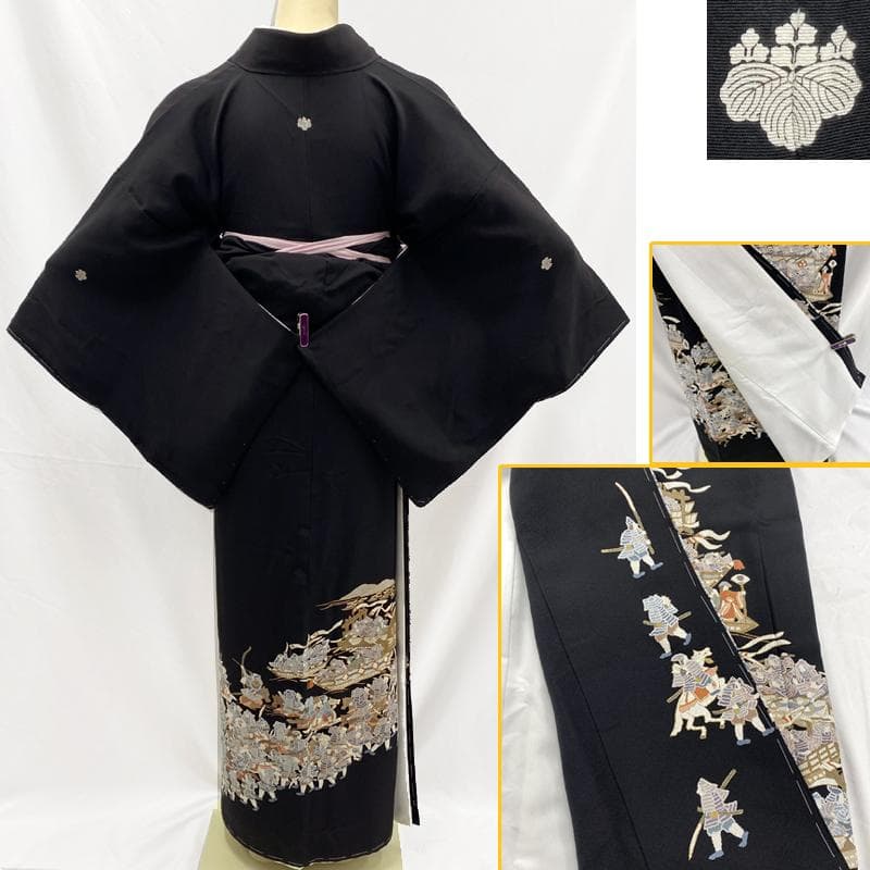 508mo43●豪華 総刺繍 相良刺繍 黒留袖 船 合戦 扇的 平家物語 希少柄