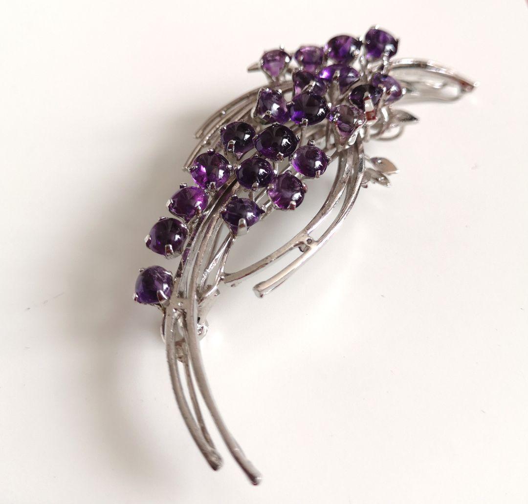 ヴィンテージ ブローチ 天然石 アメジスト 21石 カボッション 刻印入り 4