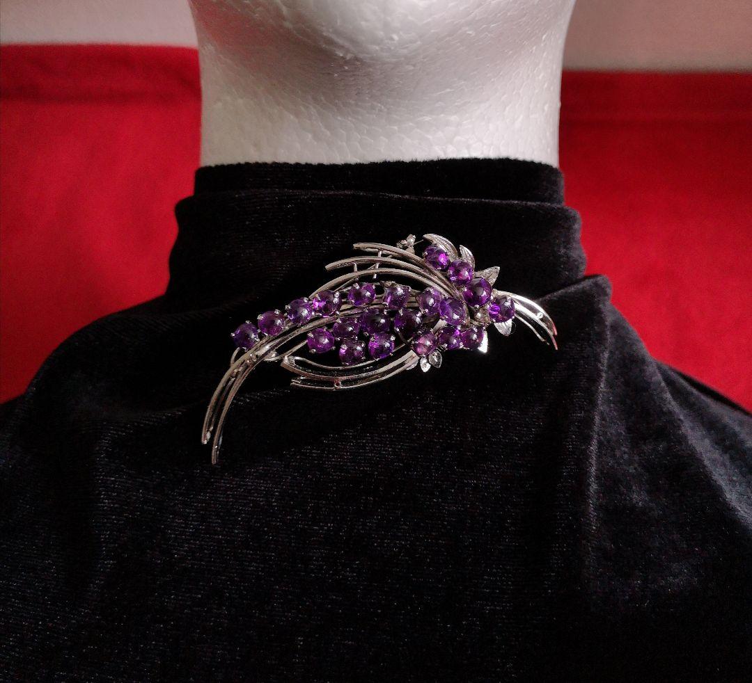 ヴィンテージ ブローチ 天然石 アメジスト 21石 カボッション 刻印入り 4