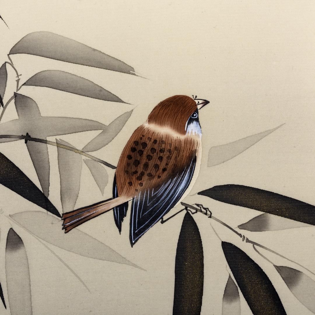 F10　肉筆水彩日本画　『雀』　高級木製額縁付属　外寸約713×638mm