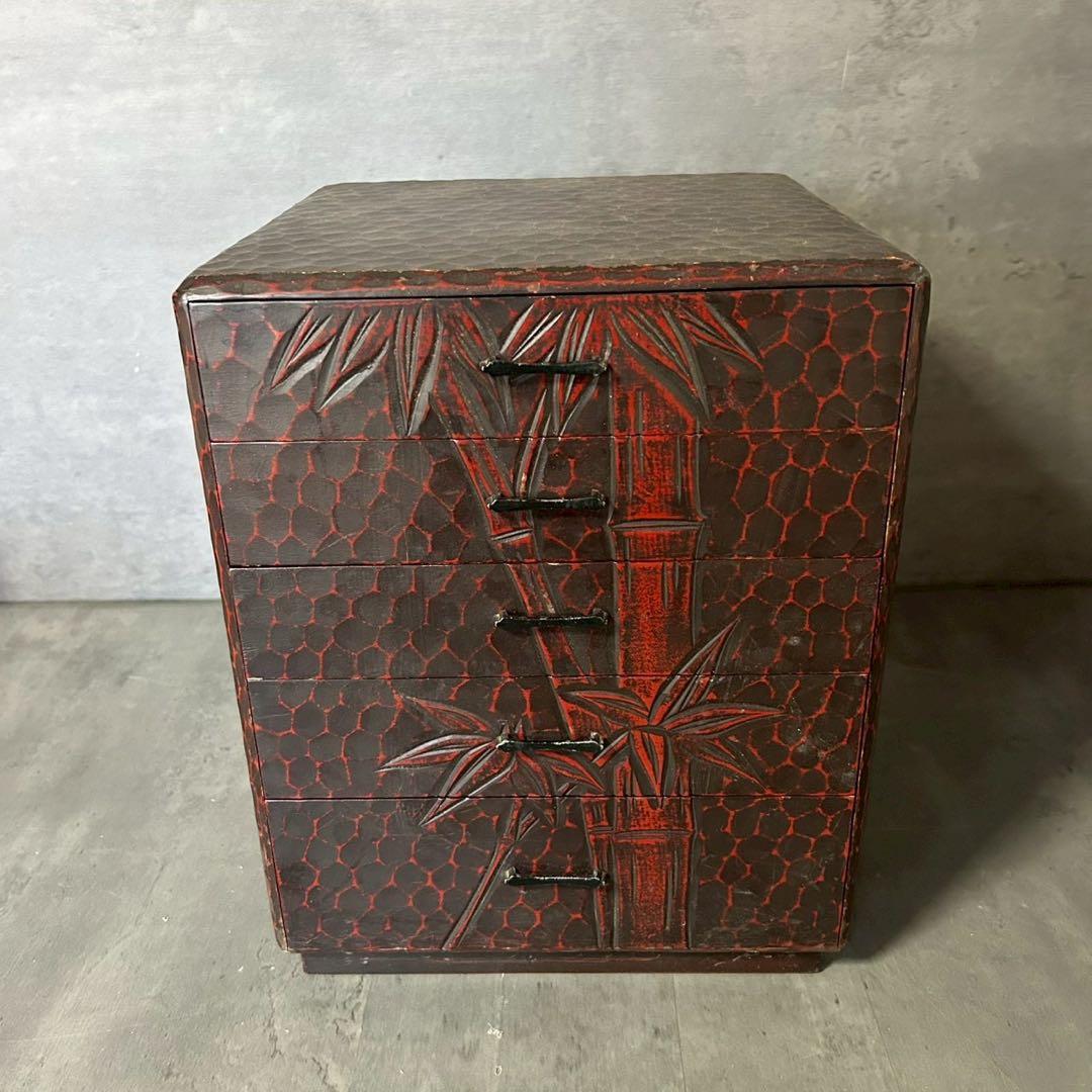 和箪笥 小引き出し 5段 漆調 竹柄 木製 和風インテリア