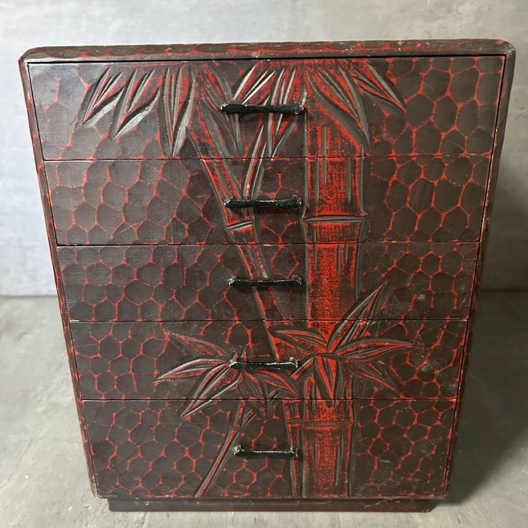 和箪笥 小引き出し 5段 漆調 竹柄 木製 和風インテリア