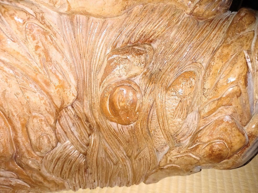 火鉢 彫刻 インテリア装飾 鯉の滝登り 無垢材 一刀彫 欅 地松 国産材