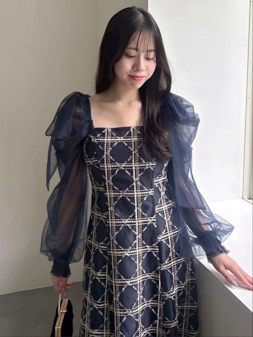 dazzlin レースリボンオフショルドレス ネイビー