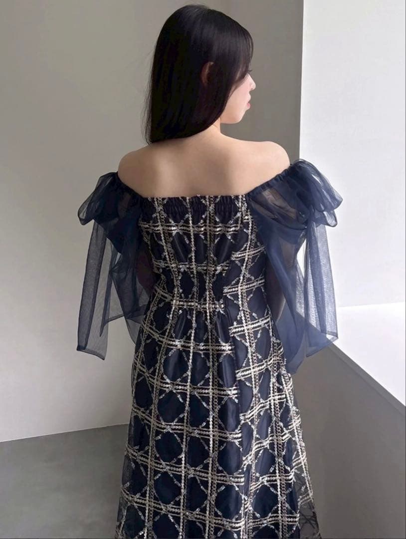 dazzlin レースリボンオフショルドレス ネイビー