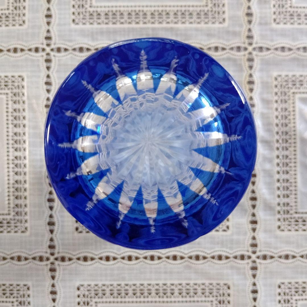 \"未使用\" ヤマザキガラス　薩摩切子　藍色　矢来、籠目　菊透かし紋　水割りグラス