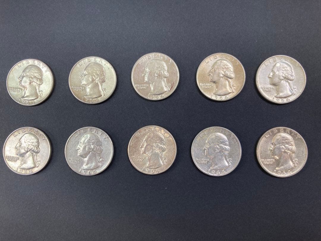 【10枚セット・美品】1964年 ワシントン・クォーターダラー銀貨