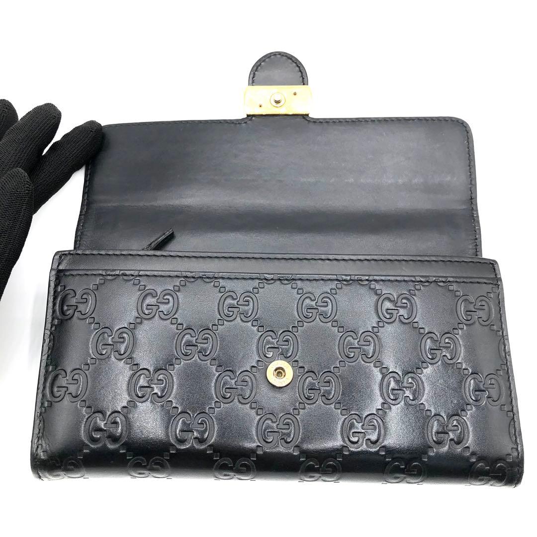 グッチ インターロッキング 長財布 二つ折り シマレザー GG柄 ブラック