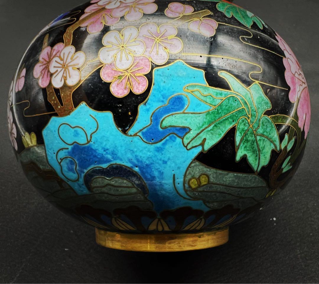 中國美術 古玩 景泰蓝 七宝焼　黒地花鳥蝶々紋様瓢箪　花器 京法造