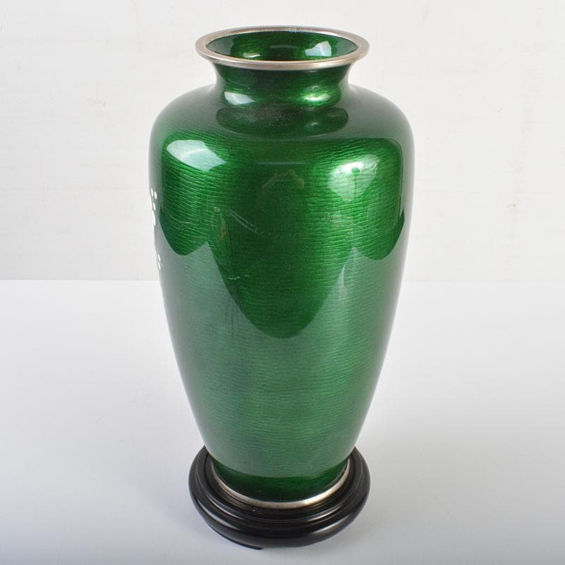 七宝焼　相互七宝造　緑光釉四君子文　七宝花瓶　唐木台付　共箱　D　R6973B