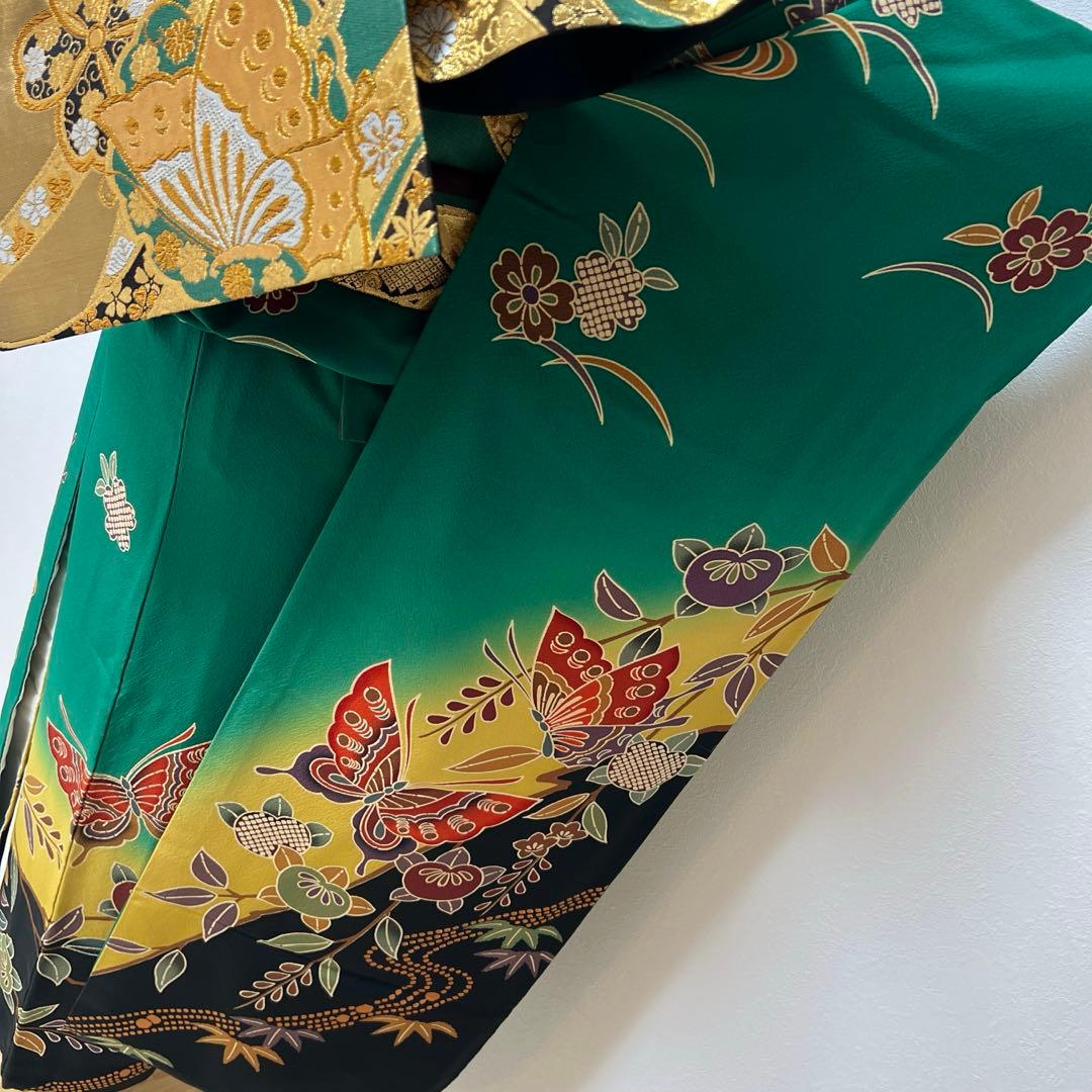 355振袖フルセット 正絹 緑 黒 グリーン 型染め 暈し染め きものやまと誂え
