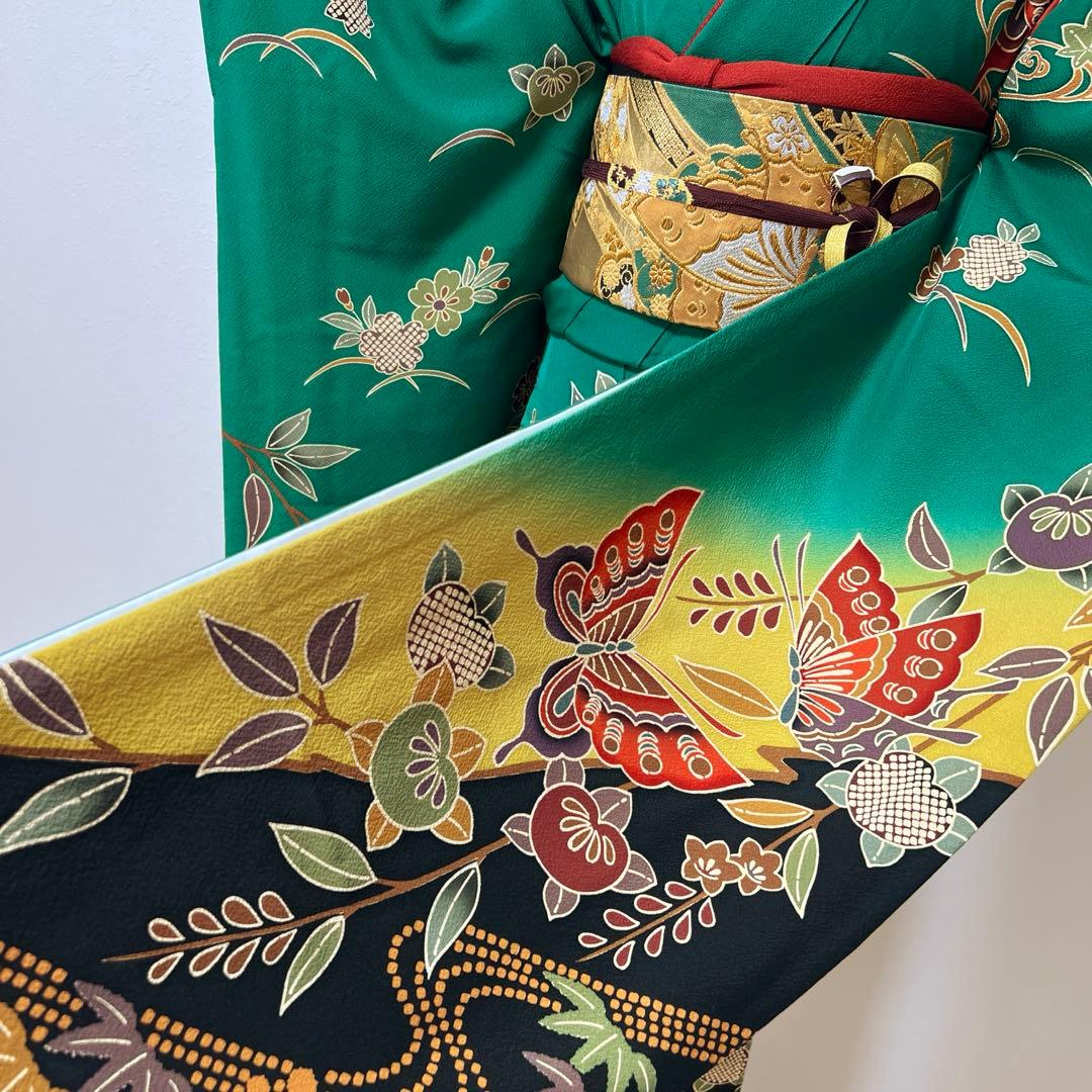 355振袖フルセット 正絹 緑 黒 グリーン 型染め 暈し染め きものやまと誂え