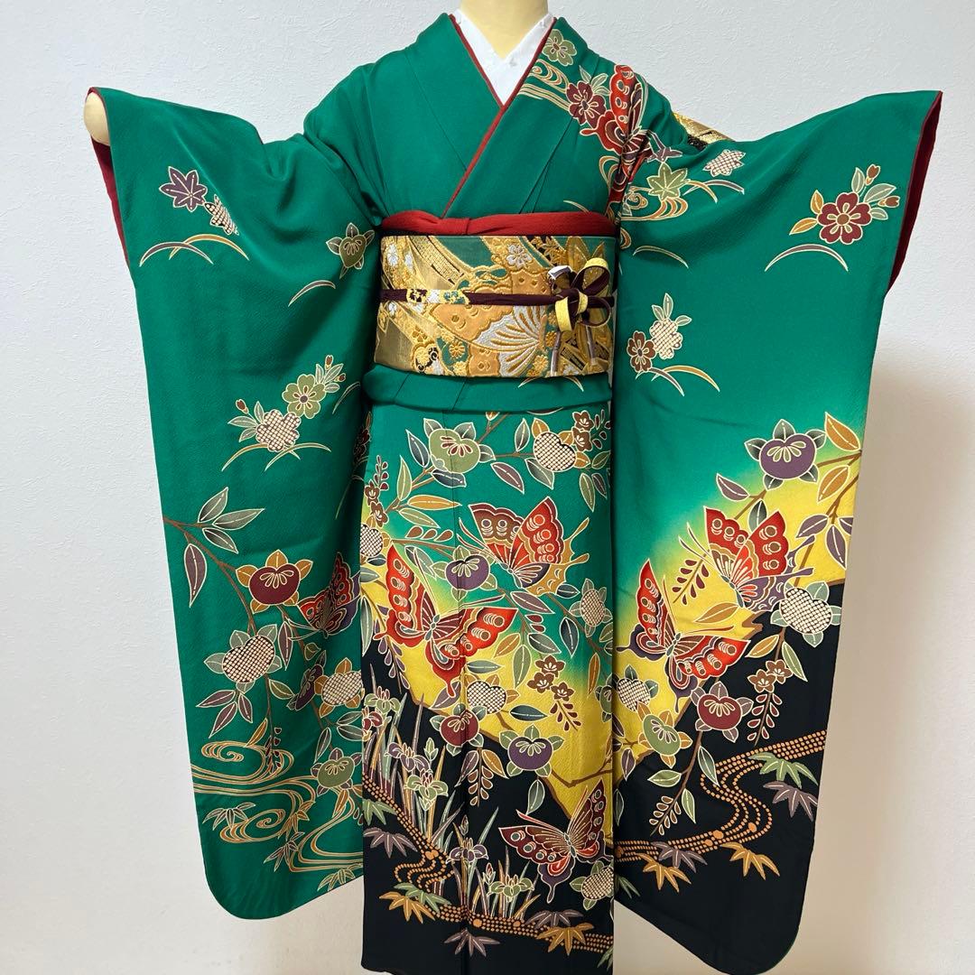 355振袖フルセット 正絹 緑 黒 グリーン 型染め 暈し染め きものやまと誂え