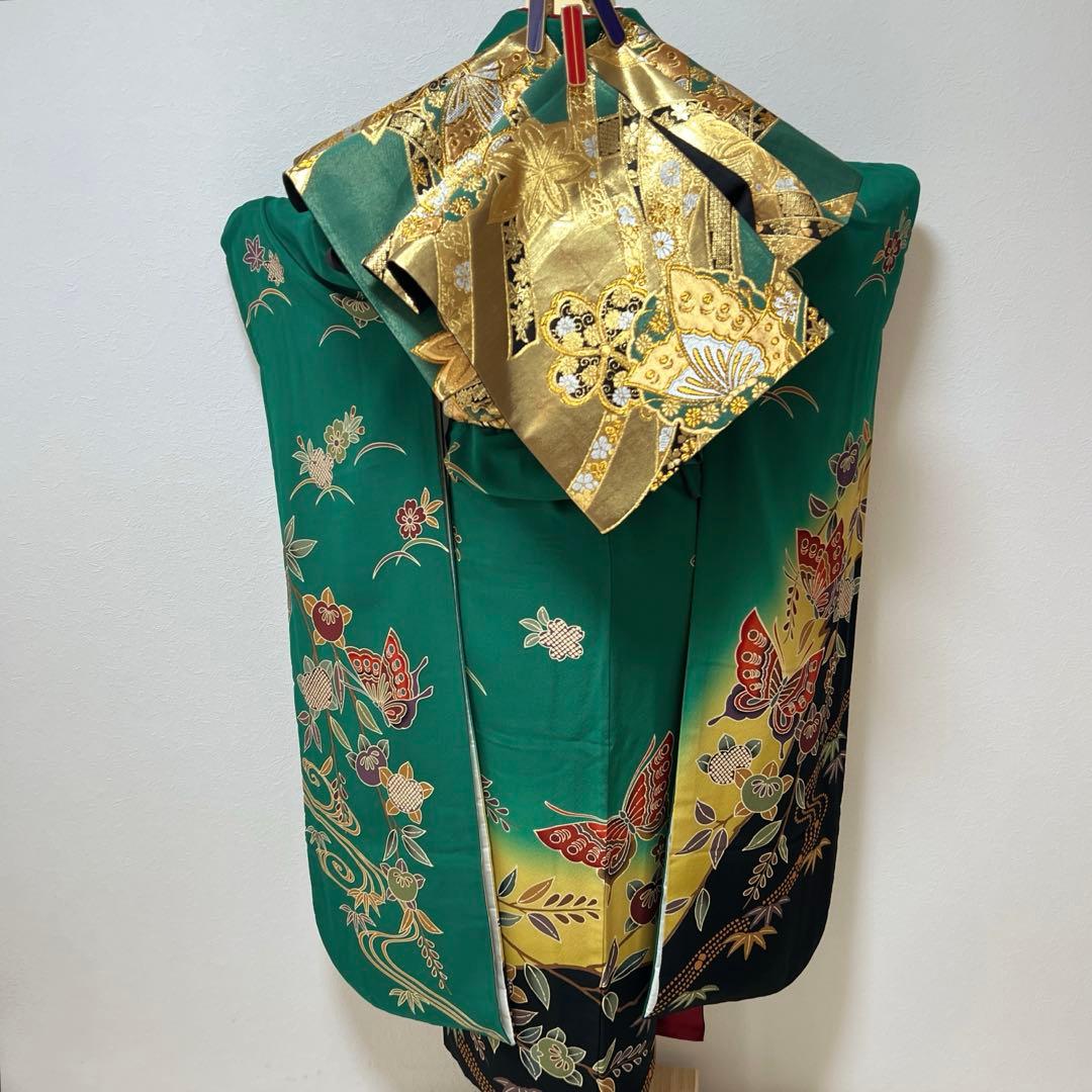 355振袖フルセット 正絹 緑 黒 グリーン 型染め 暈し染め きものやまと誂え