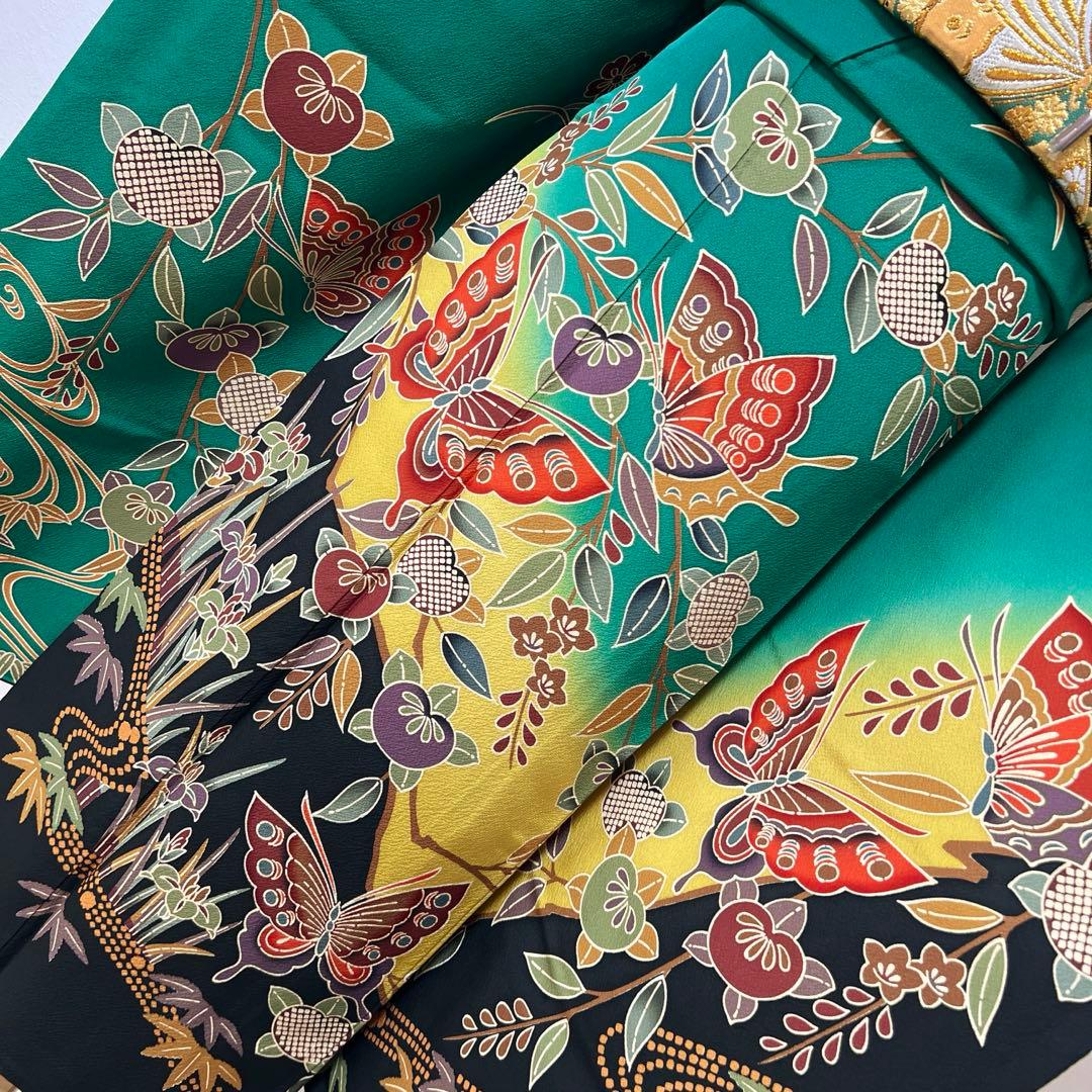 355振袖フルセット 正絹 緑 黒 グリーン 型染め 暈し染め きものやまと誂え