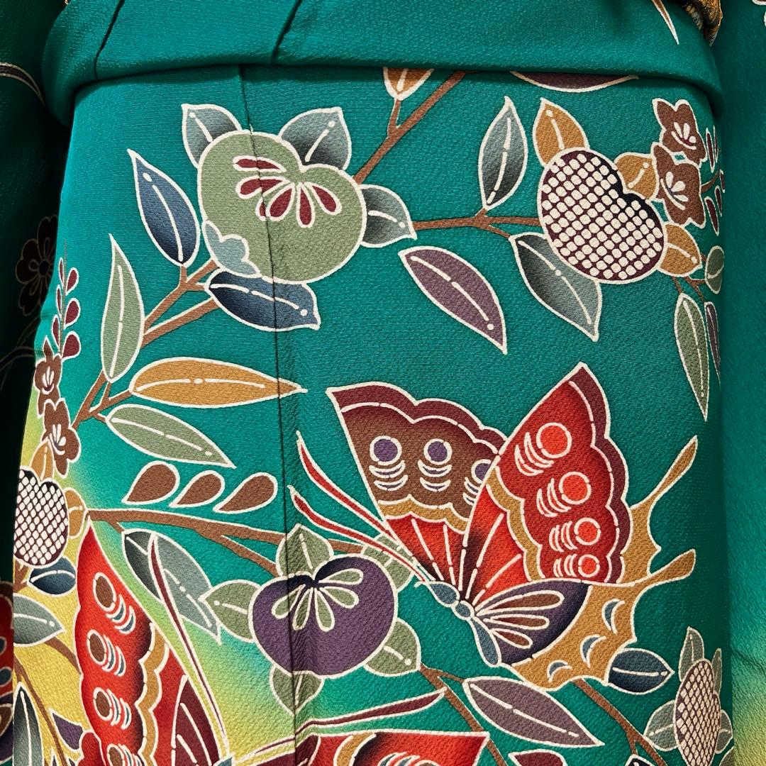 355振袖フルセット 正絹 緑 黒 グリーン 型染め 暈し染め きものやまと誂え