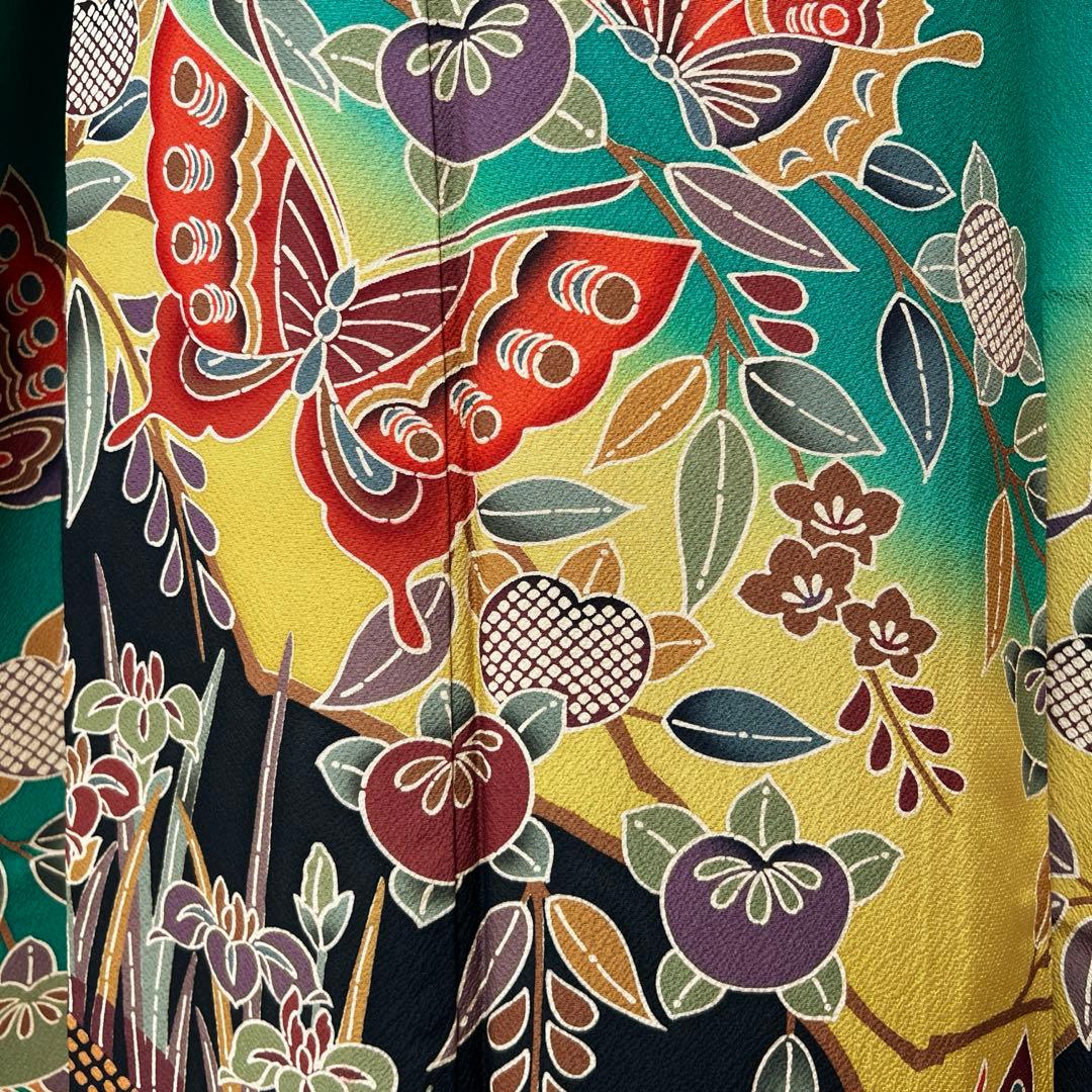 355振袖フルセット 正絹 緑 黒 グリーン 型染め 暈し染め きものやまと誂え