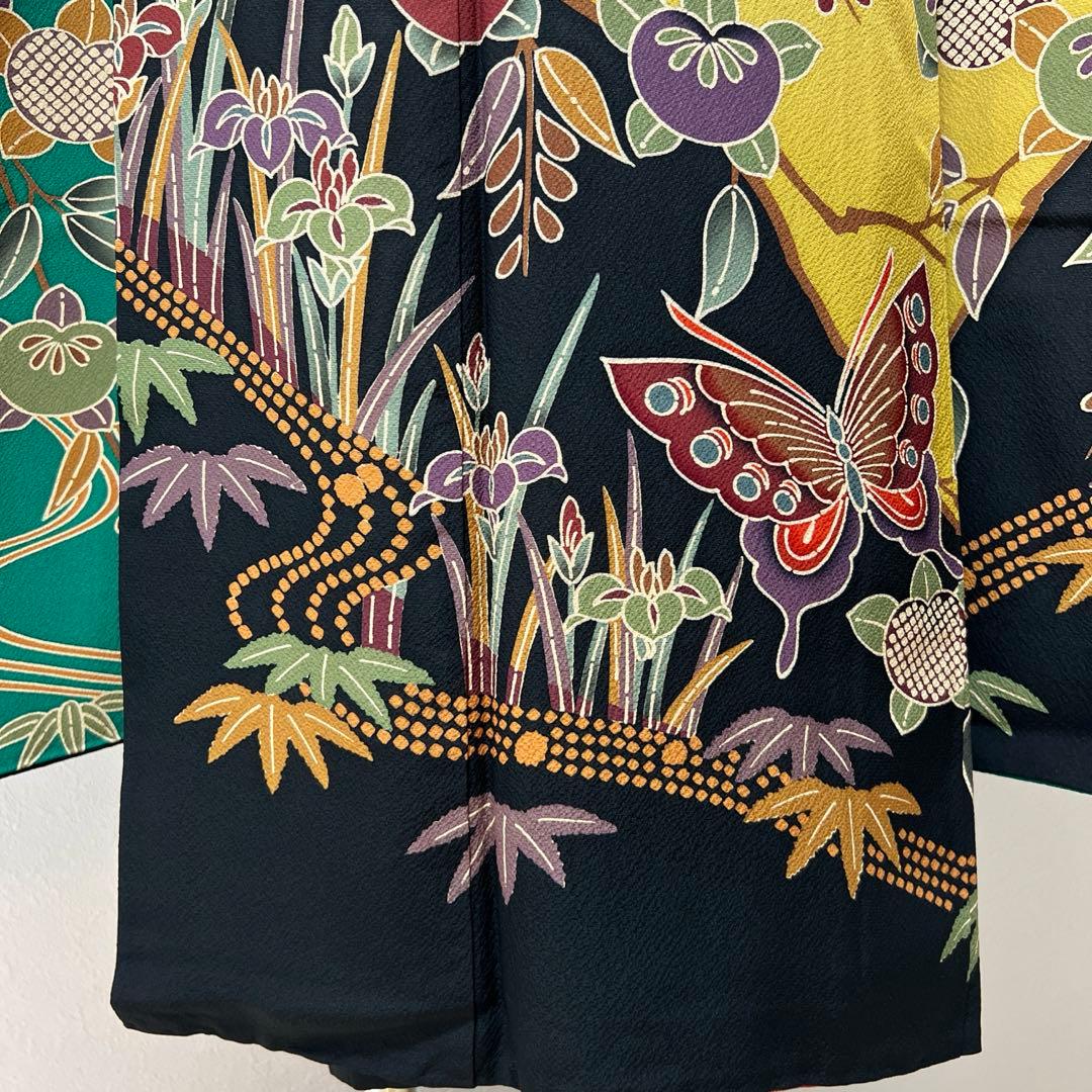 355振袖フルセット 正絹 緑 黒 グリーン 型染め 暈し染め きものやまと誂え