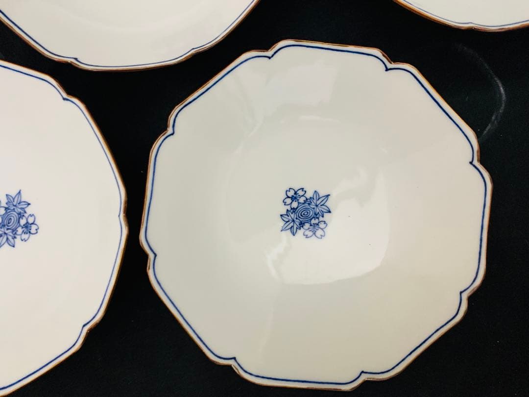 平安陶峰造　染付渦雲錦小鉢5客　京焼　共箱付き　高級懐石料理料亭皿