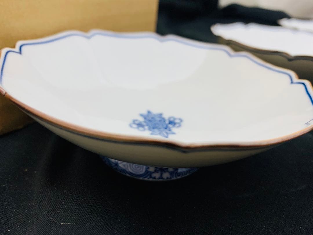 平安陶峰造　染付渦雲錦小鉢5客　京焼　共箱付き　高級懐石料理料亭皿