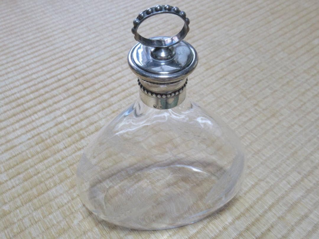 未使用 大正時代 フランス製◆フタ付近純銀製 麦模様手磨き切子 デキャンター