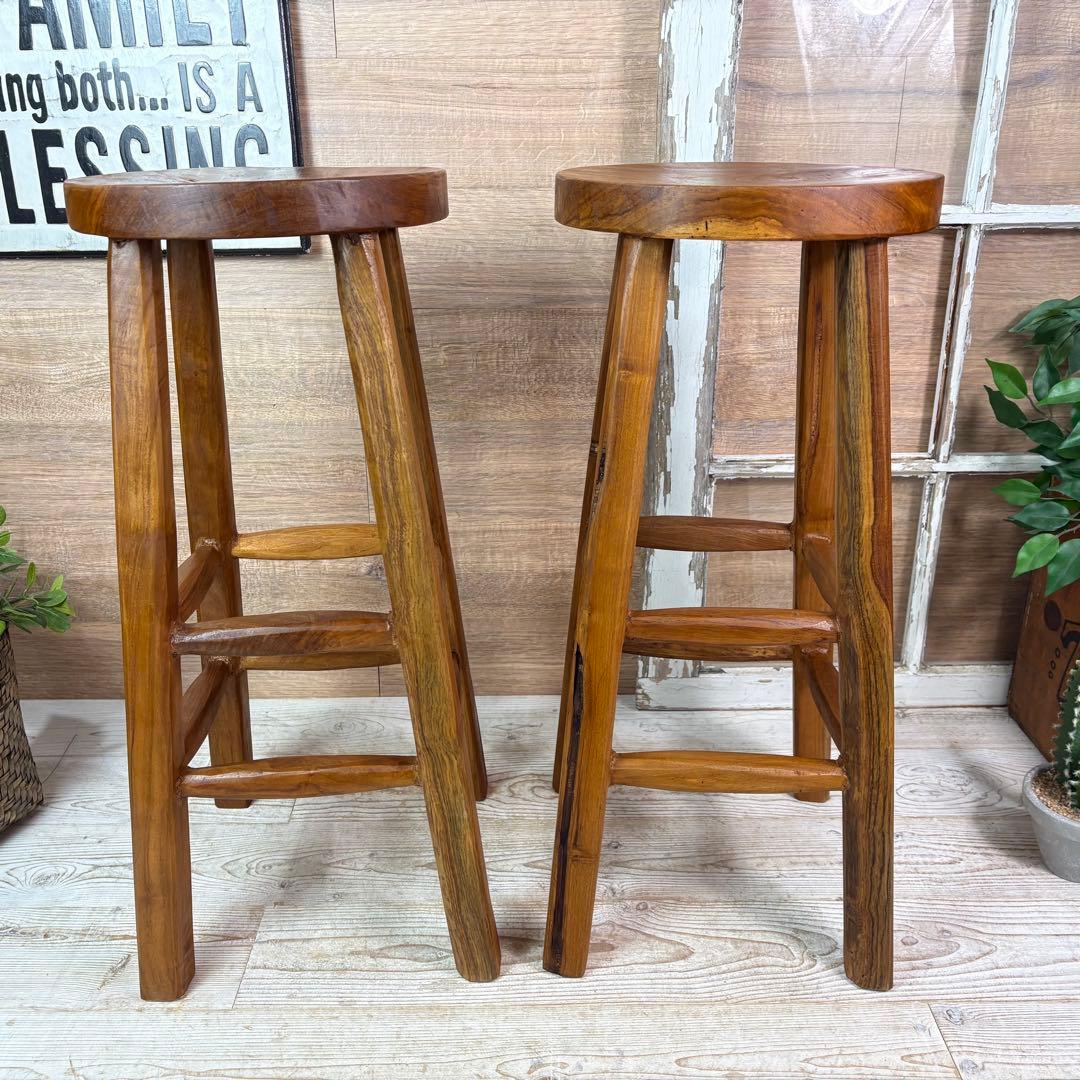 てら⭐︎オールドチーク天然無垢材丸ハイスツールカウンターチェア二点セット