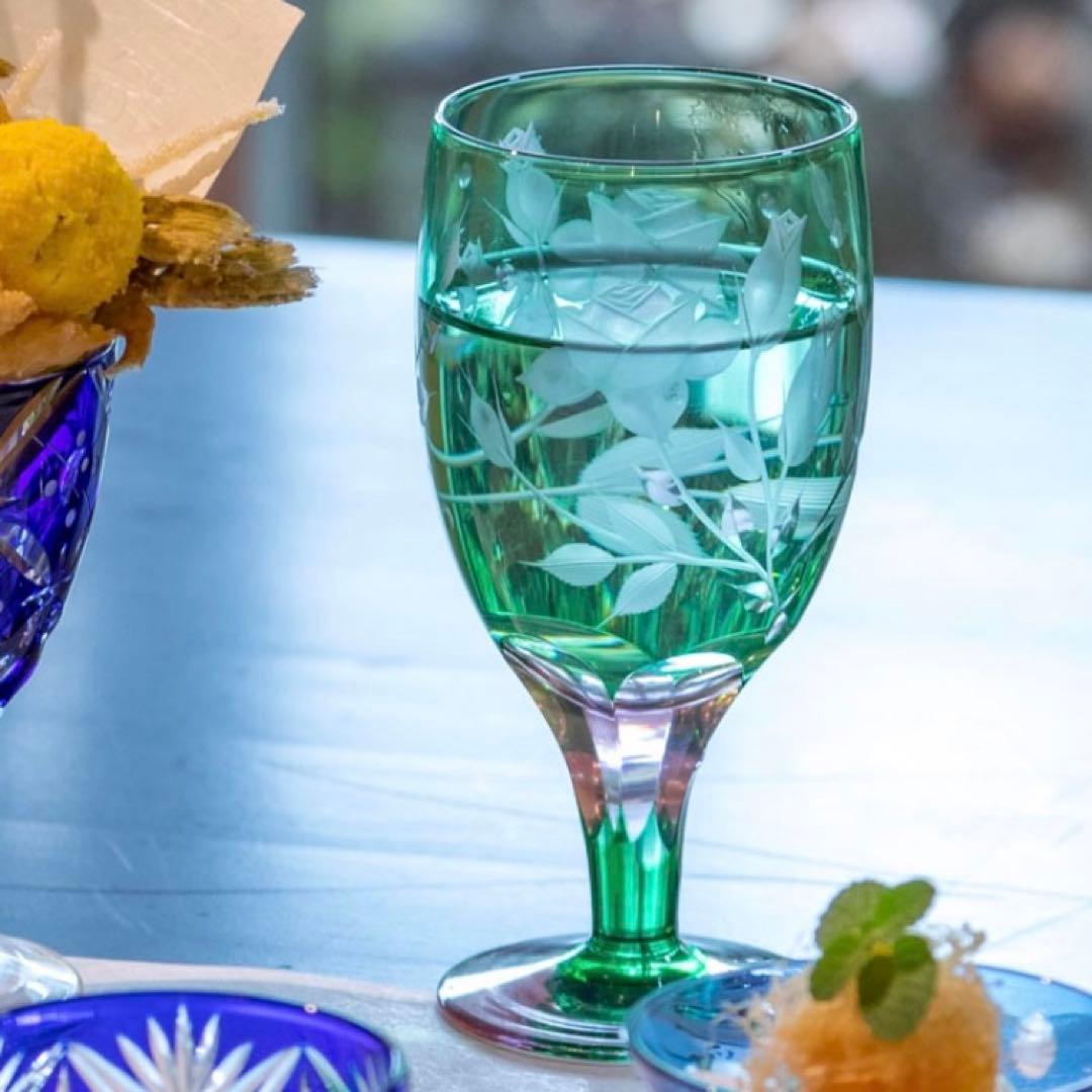 江戸切子 硝子工房 彩鳳 足付ビール杯 薔薇文様 ペアグラス