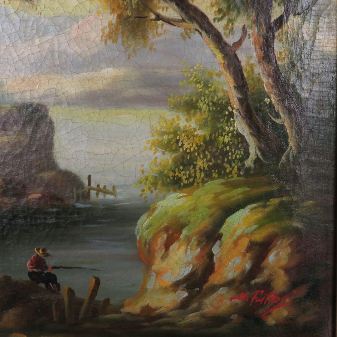 作者不明 肉筆 油彩画 印象派風 風景画 釣りをする男性