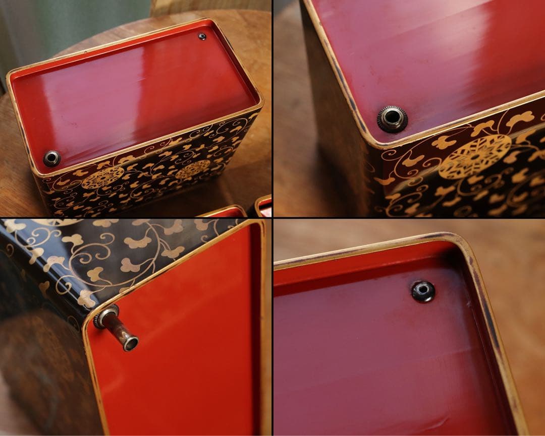 井上鷹の羽家紋　野弁当一式　時代漆芸　漆塗　金蒔絵　唐草　木製　提重