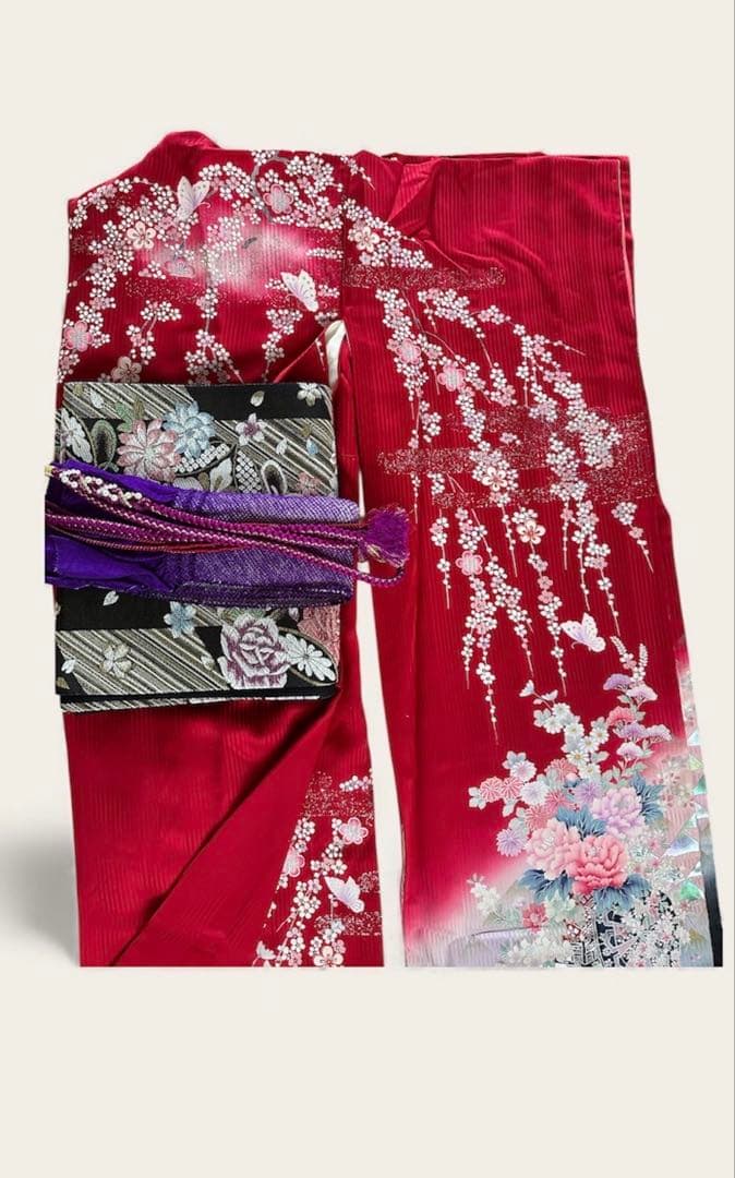 振袖一式 杉本幸田郎 振袖+帯3枚+長襦袢2枚 身丈150㌢ 赤 枝垂れ桜 箱付